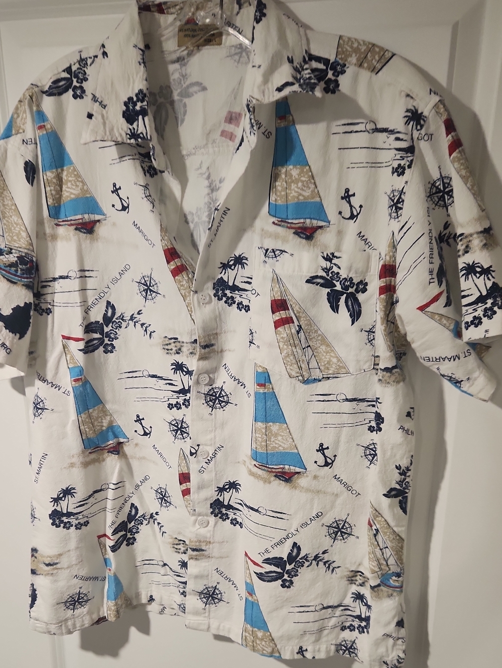 Men's White Nautical Print Short-Sleeve Shirt - Blue & Tan Sailboat Design